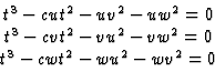 \begin{displaymath}\matrix{ t^3-cut^2-uv^2 - uw^2=0\cr t^3-cvt^2-vu^2-vw^2=0\cr
t^3-cwt^2-wu^2-wv^2=0\cr}\end{displaymath}